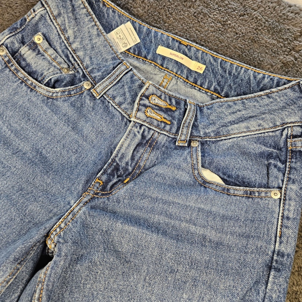 Levis Superlow Jeans Womens 26 Blue Straight Leg Double Button Y2K Denim
